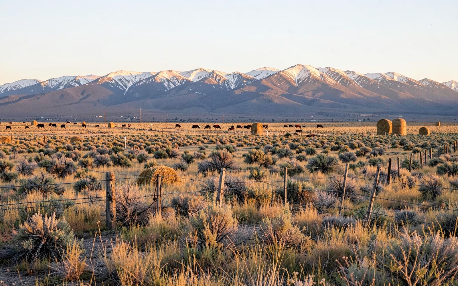 Northeastern Nevada ranchland with post-and-wire fencing, grazing cattle and hay stacks below a snow-covered mountain range