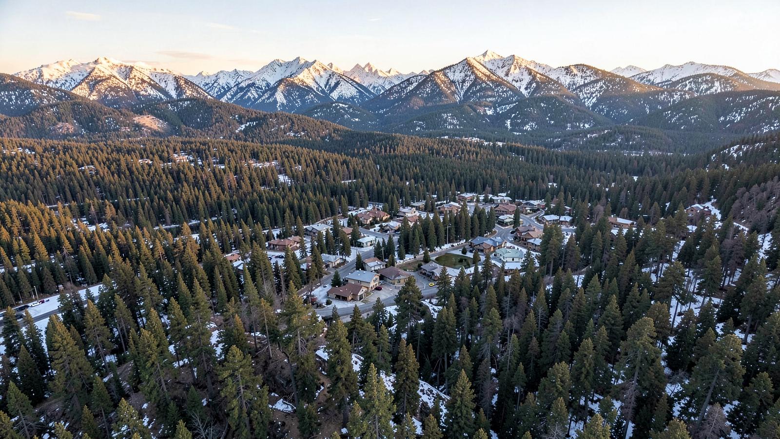 Aerial view of a mountain town of pitched-roof homes set among dense ponderosa pine forest with snowy peaks beyond