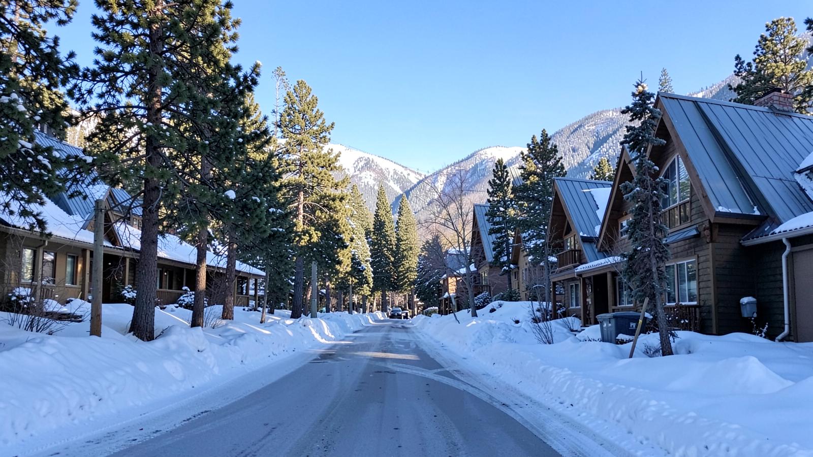 Snow-lined residential street in a pine forest town with plowed banks, bare aspens and warm light in the windows