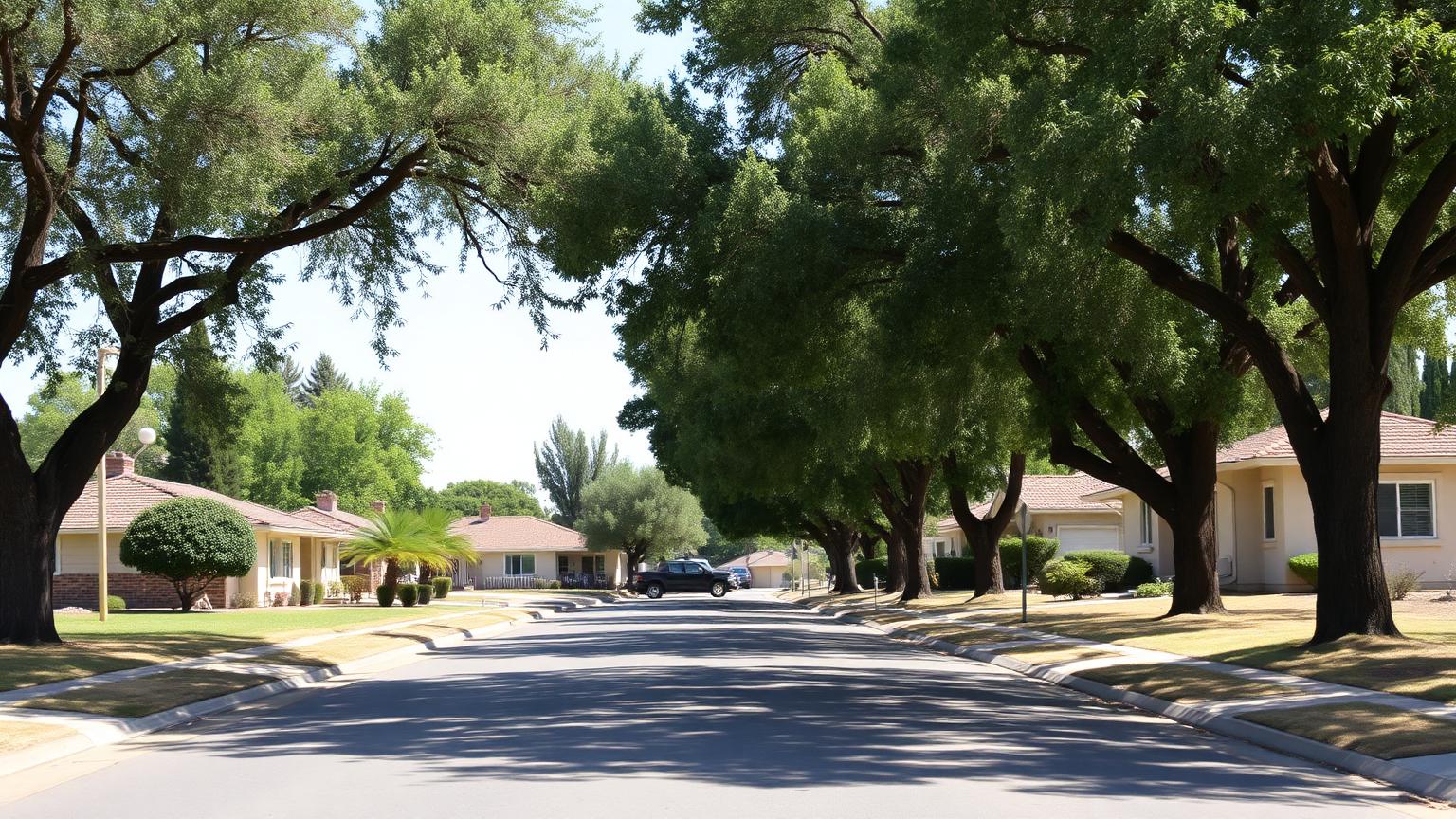 Shaded residential street of older single-story homes in Fresno on a hot summer afternoon