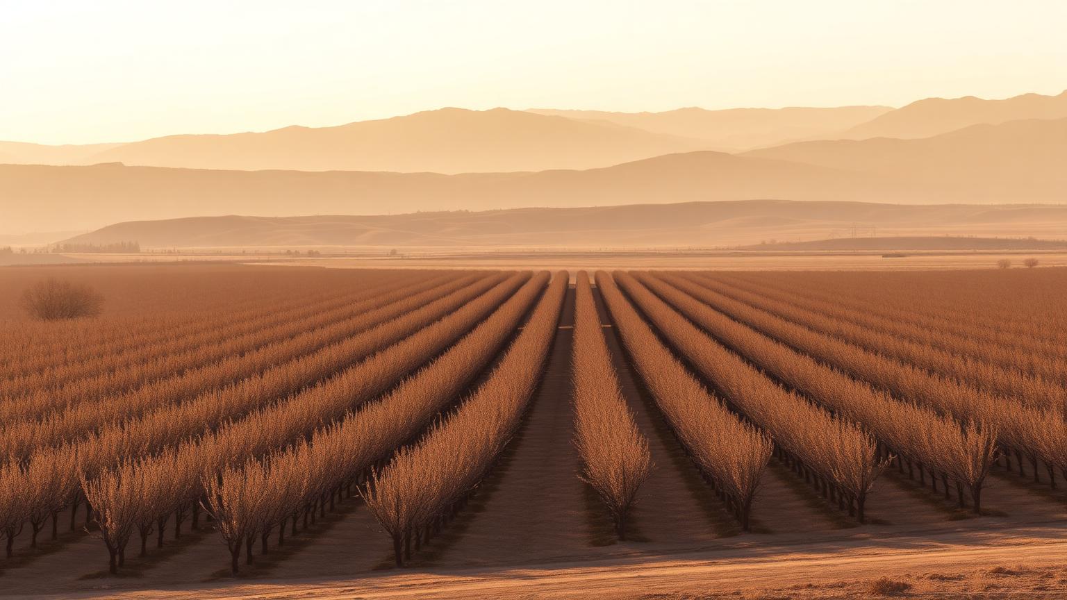 Central Valley orchard rows outside Fresno in warm hazy light