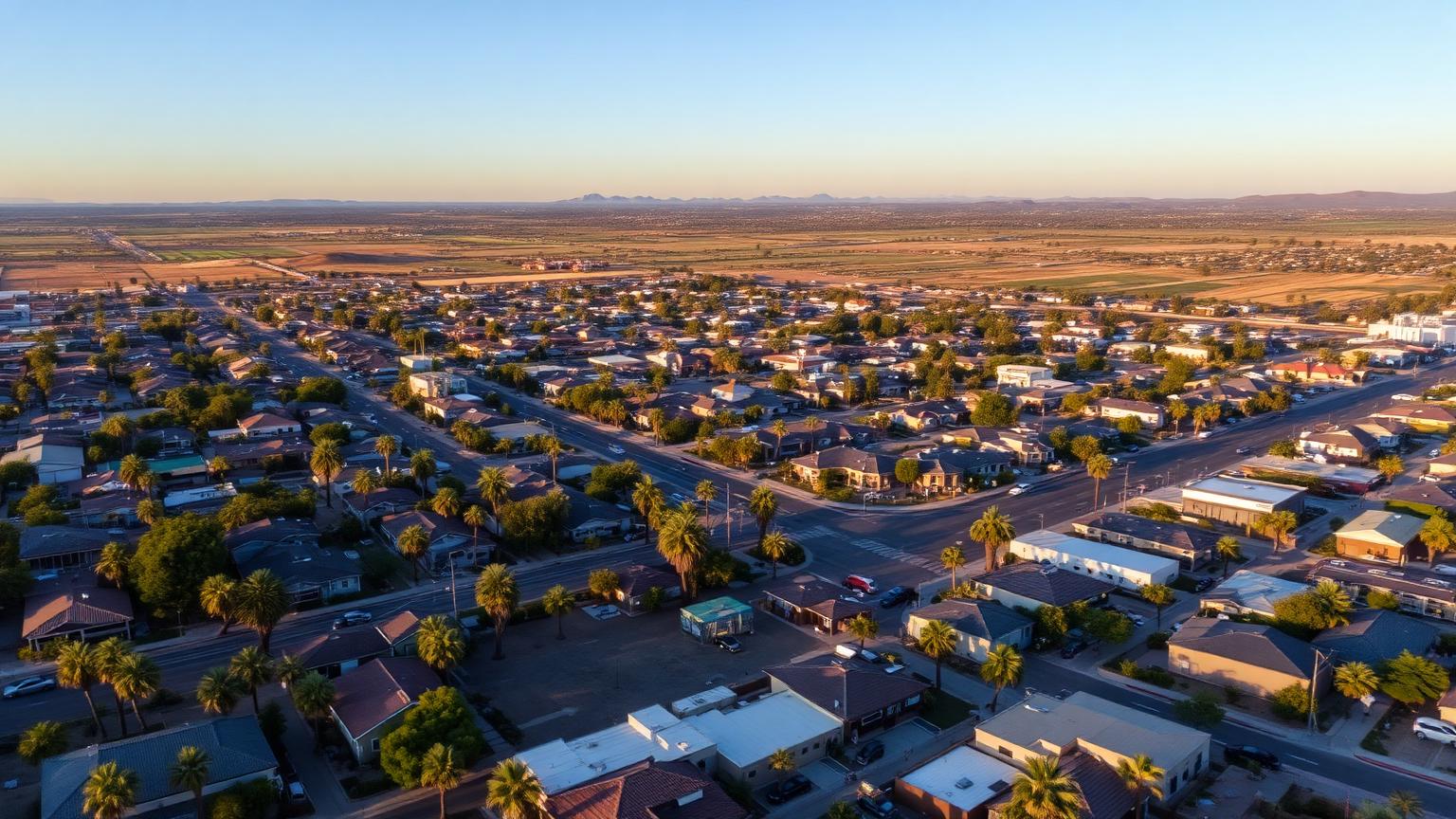 Aerial view of Fresno's flat residential grid at dusk with Central Valley farmland at the city edge
