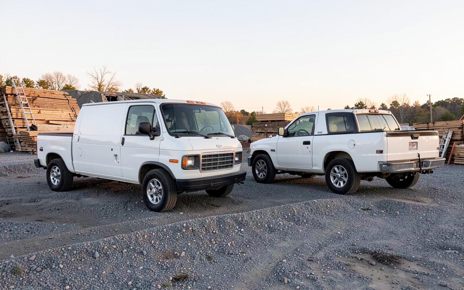 Plain white work van and pickup truck parked in a gravel contractor yard with stacked lumber at first light