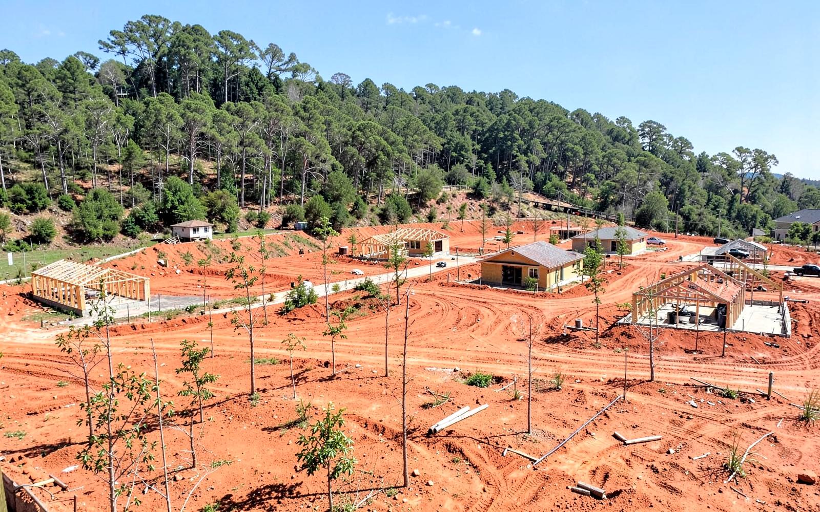 New residential subdivision under construction on graded red clay lots with a wooded Upstate ridge behind