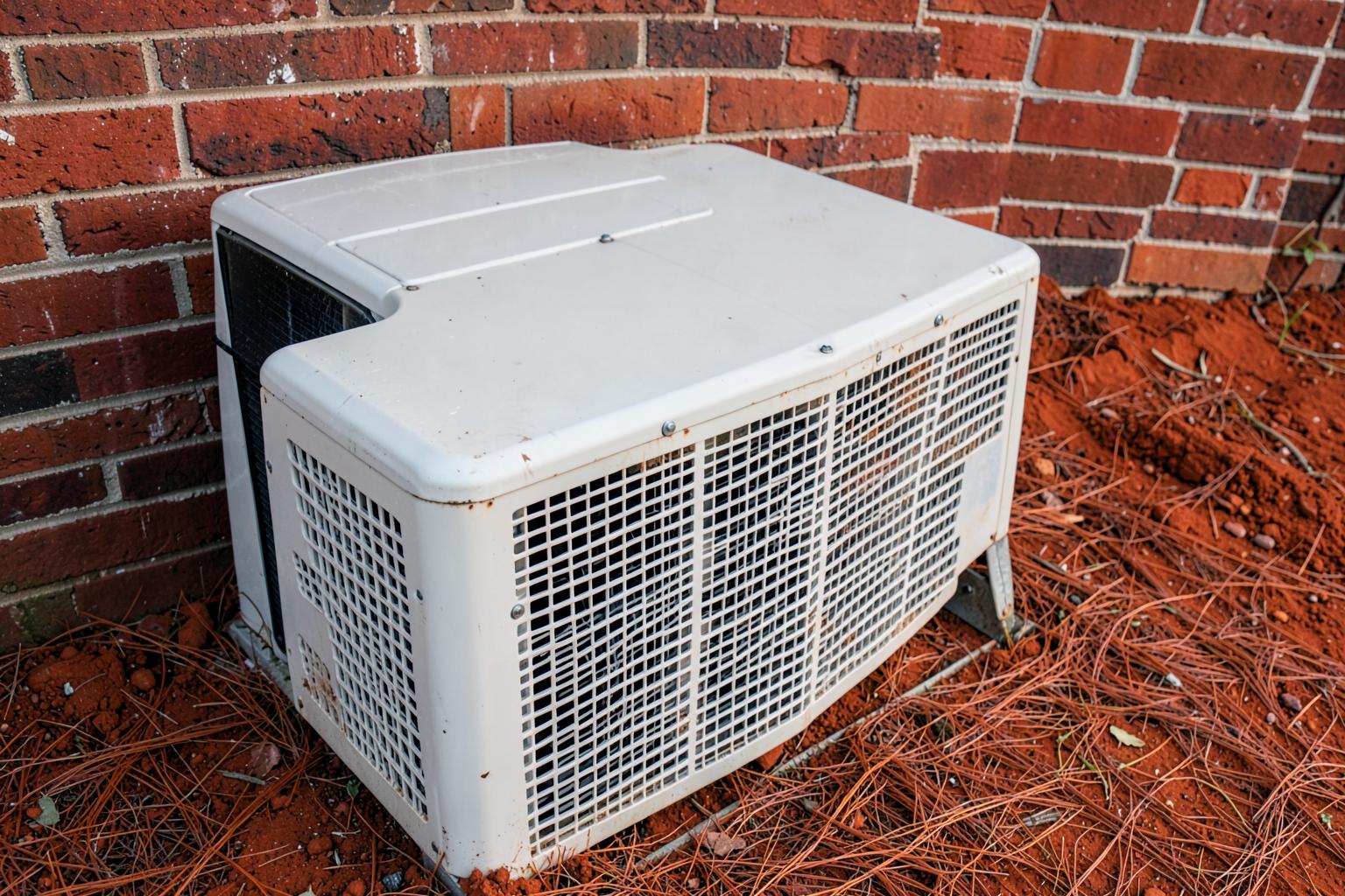 Weathered outdoor air conditioning condenser standing on bare red clay and pine straw beside a red brick wall