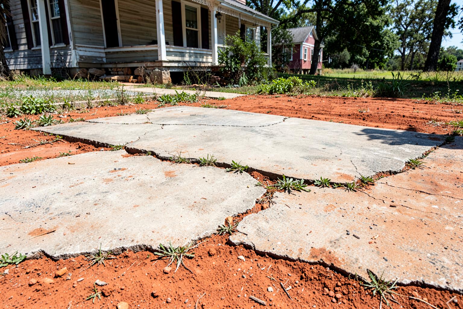 Long crack running across a concrete driveway with red clay soil showing through the gap and grass at the edges