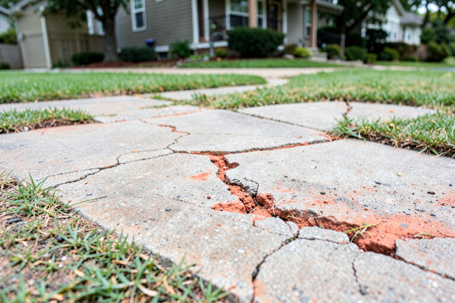 Cracked and settled concrete driveway with orange-red clay showing through the joints in front of a suburban southern home