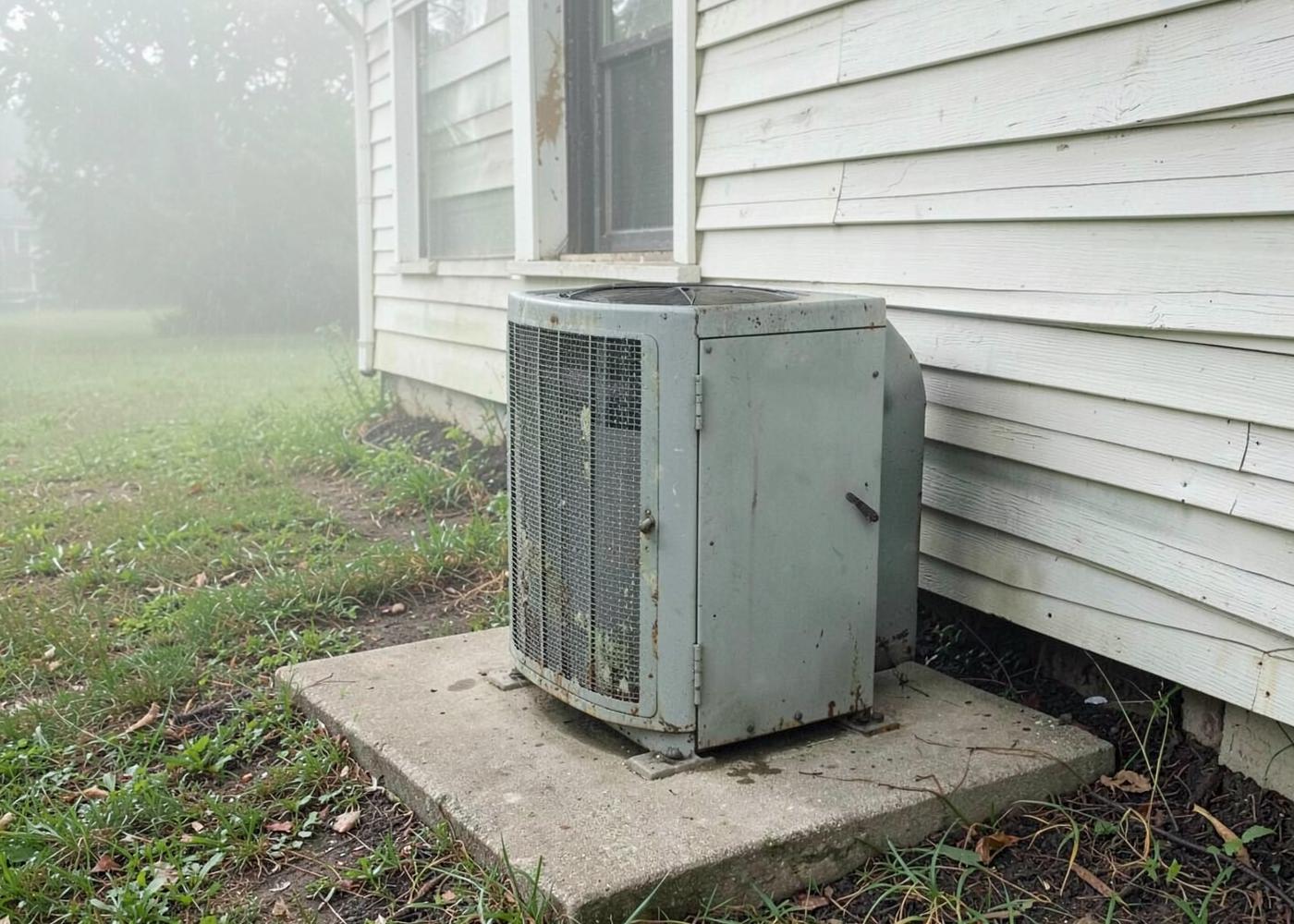 Weathered outdoor air conditioning condenser on a concrete pad beside pale wood siding of an older southern house in humid summer haze