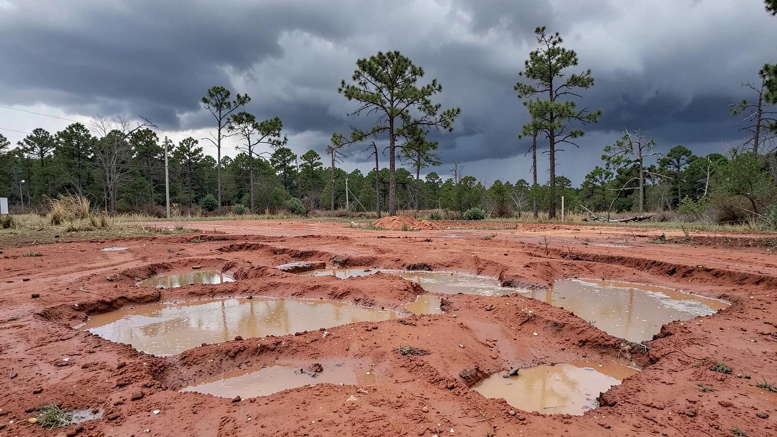 Muddy red clay ground with wide rainwater puddles and washed gullies after a heavy summer thunderstorm with pines and clearing storm clouds behind