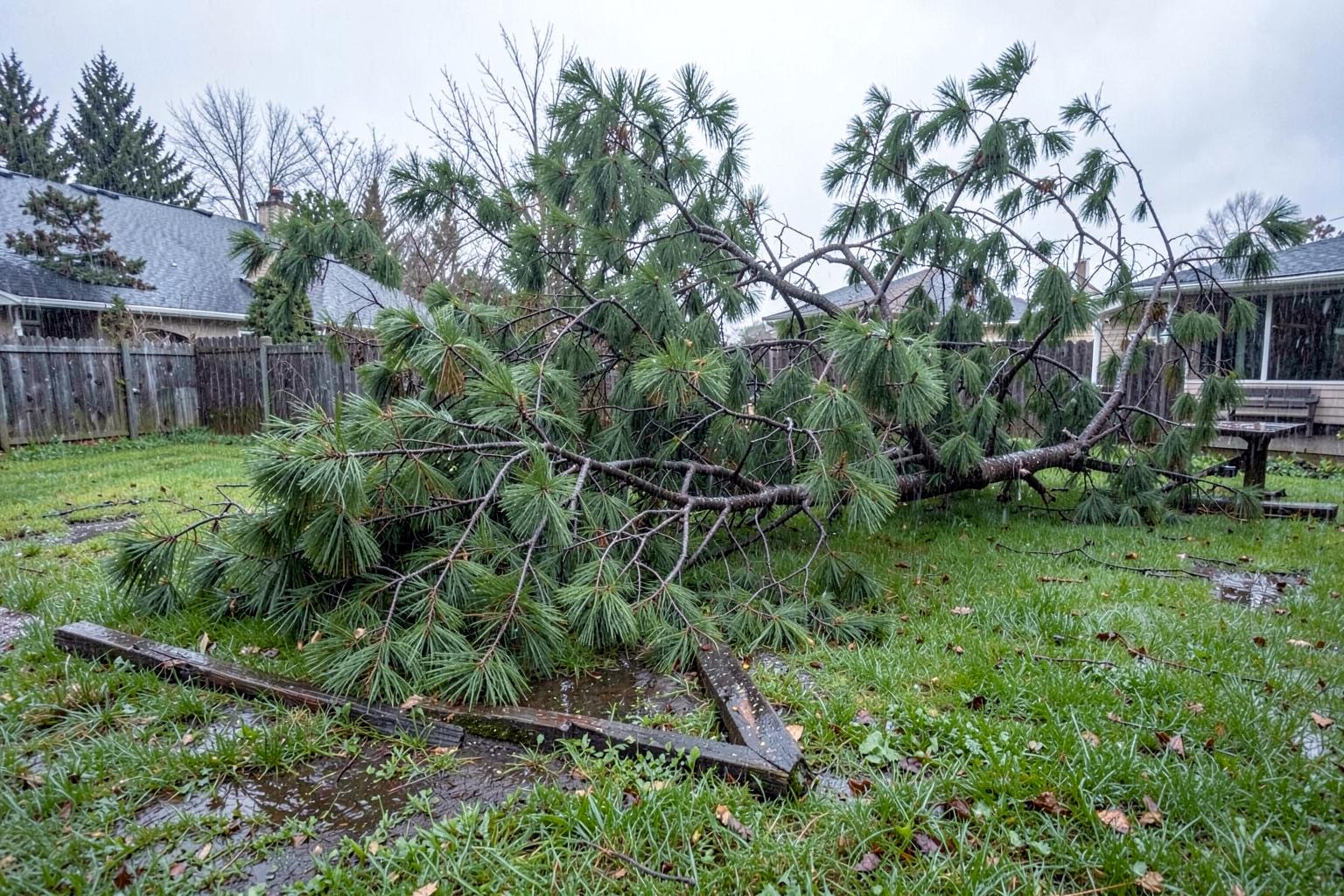 Large fallen pine limb lying across a wet residential back yard beside a broken fence board after a storm