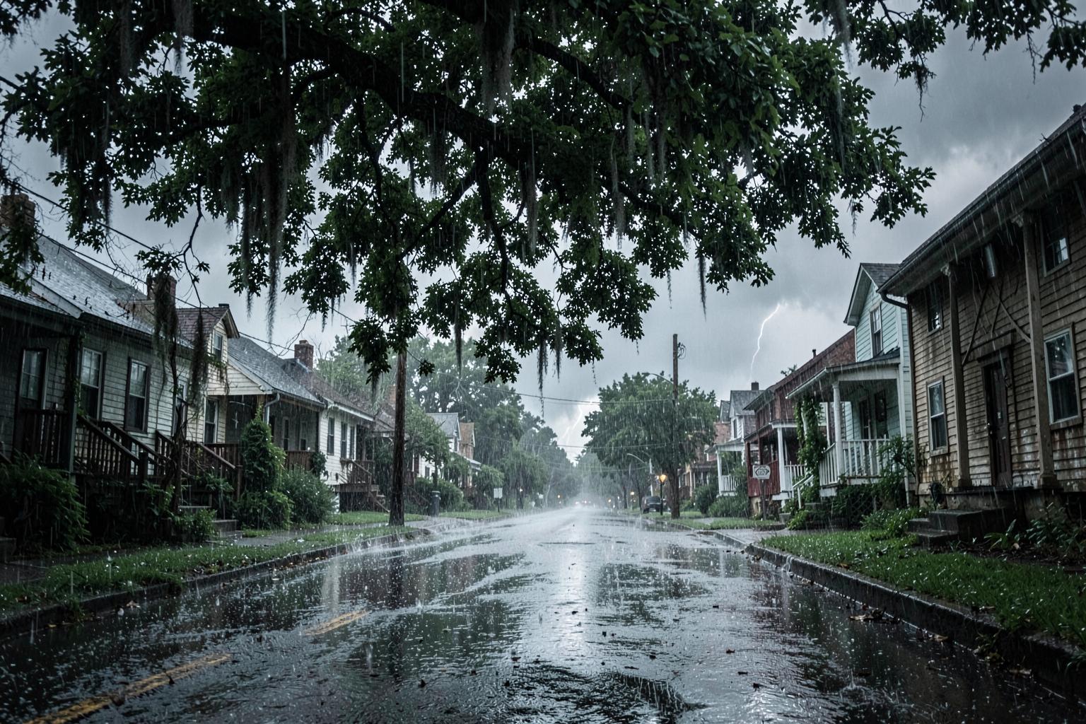 Rain falling on a residential street lined with mature trees, wet asphalt reflecting grey storm light and scattered leaves