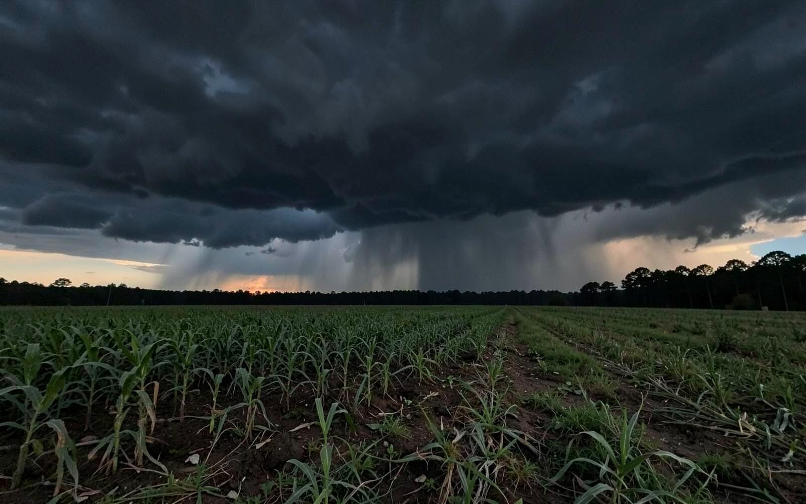 Dark thunderstorm building over a flat south Georgia crop field at dusk with a distant pine treeline
