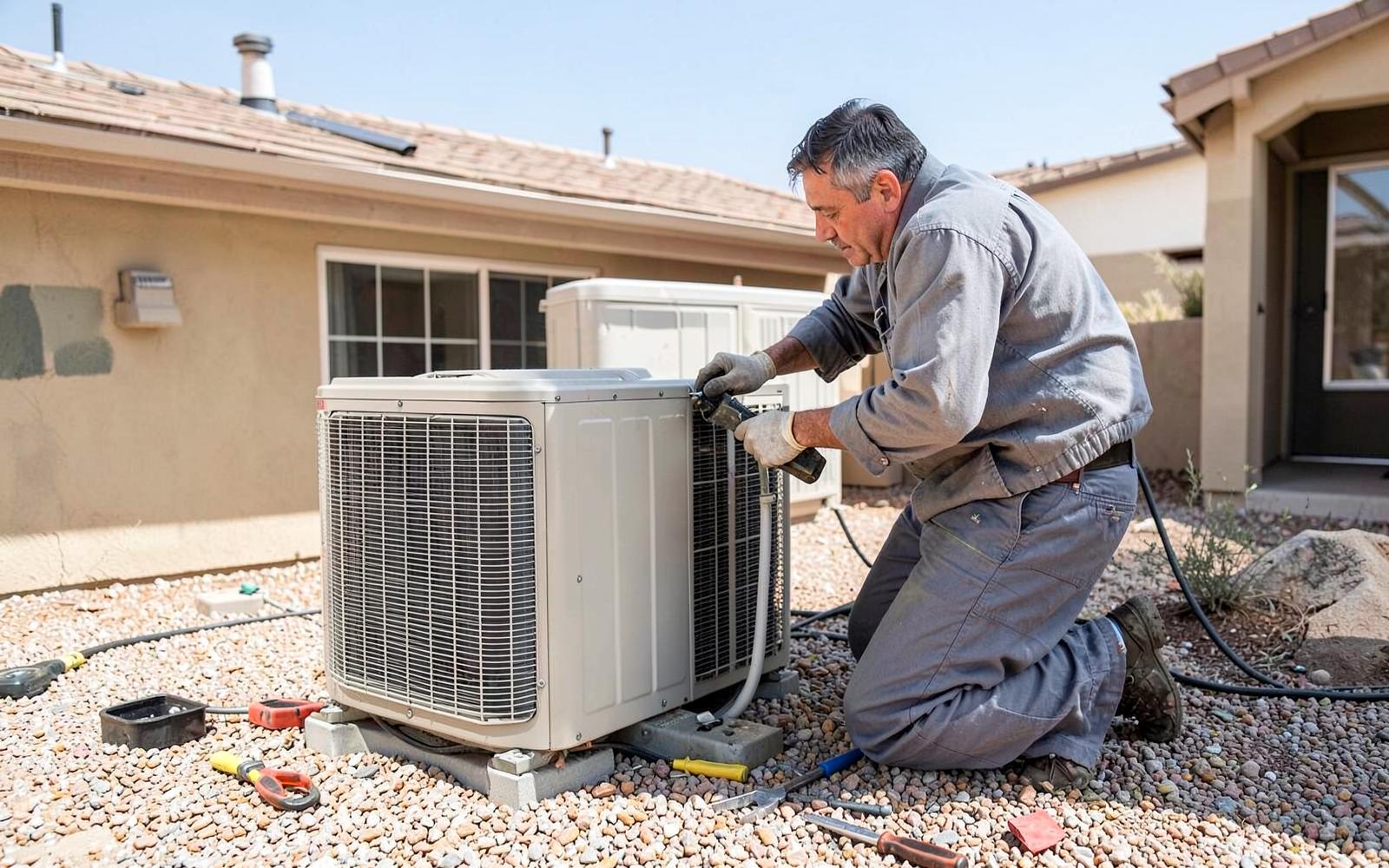 Technician's gauges and hoses connected to an outdoor air conditioning unit beside a desert home in bright midday sun
