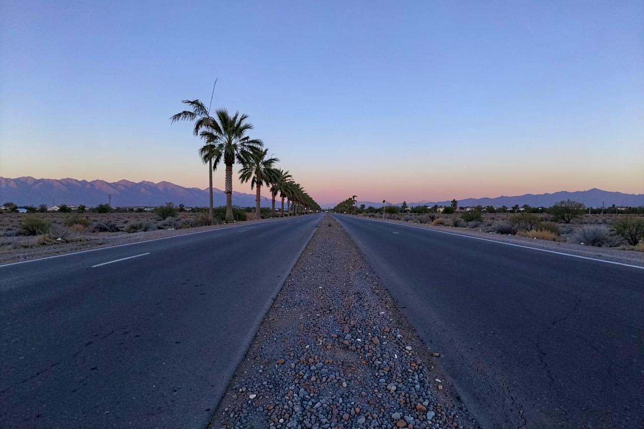 Empty wide suburban desert road with a palm-lined gravel median at dusk with mountains on the horizon