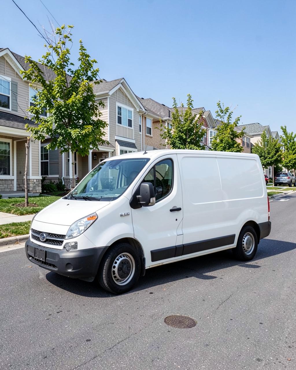 Plain unmarked white work van parked at the curb of a new subdivision street with young trees