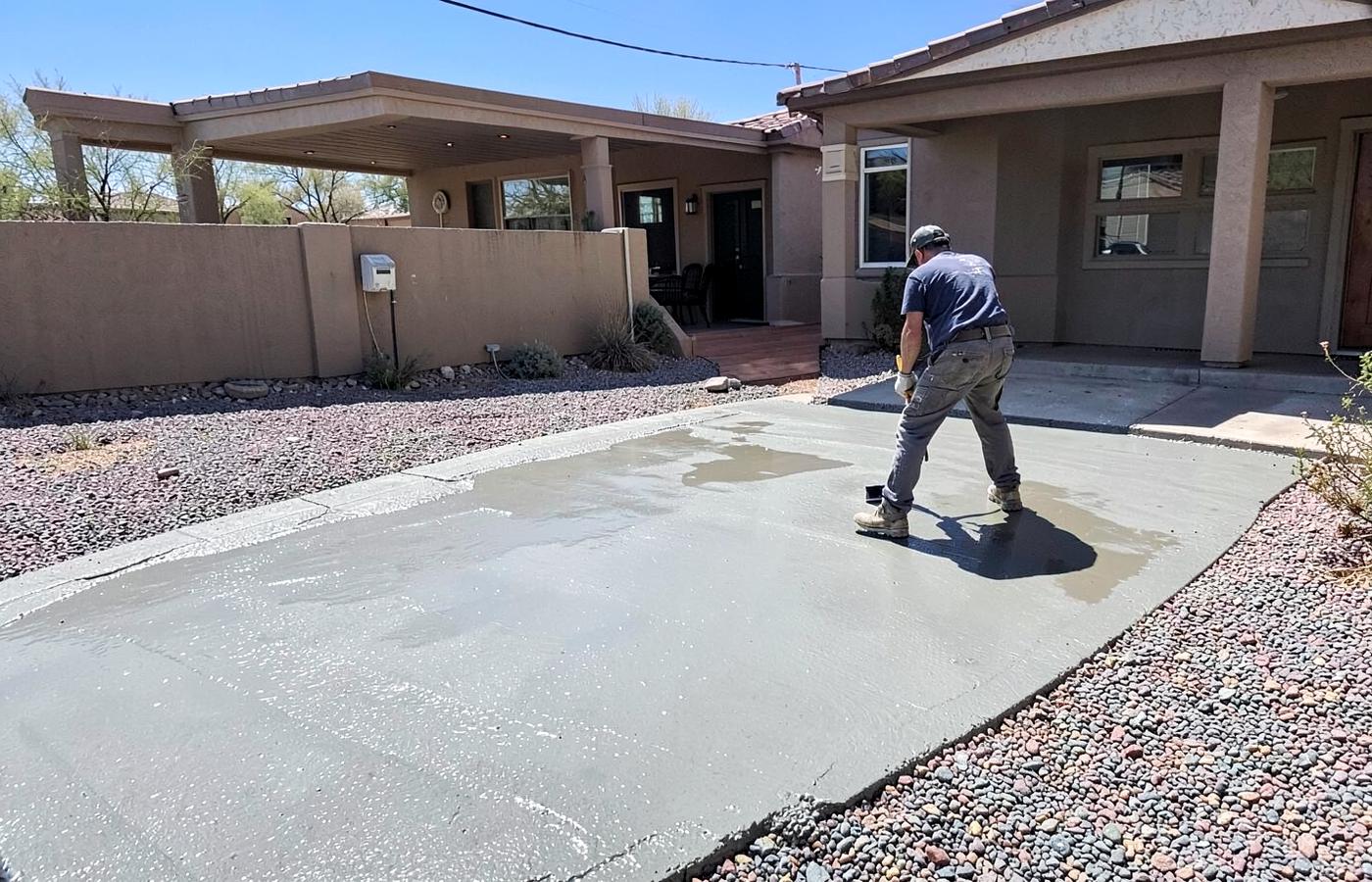 Worker smoothing a freshly poured concrete driveway at a modest desert home with gravel landscaping