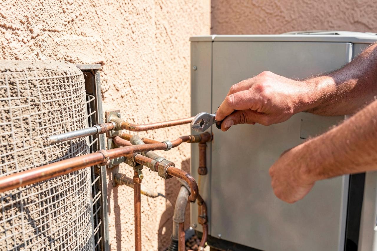 Technician's hands using a wrench on copper refrigerant lines at an outdoor air conditioning condenser in bright sun