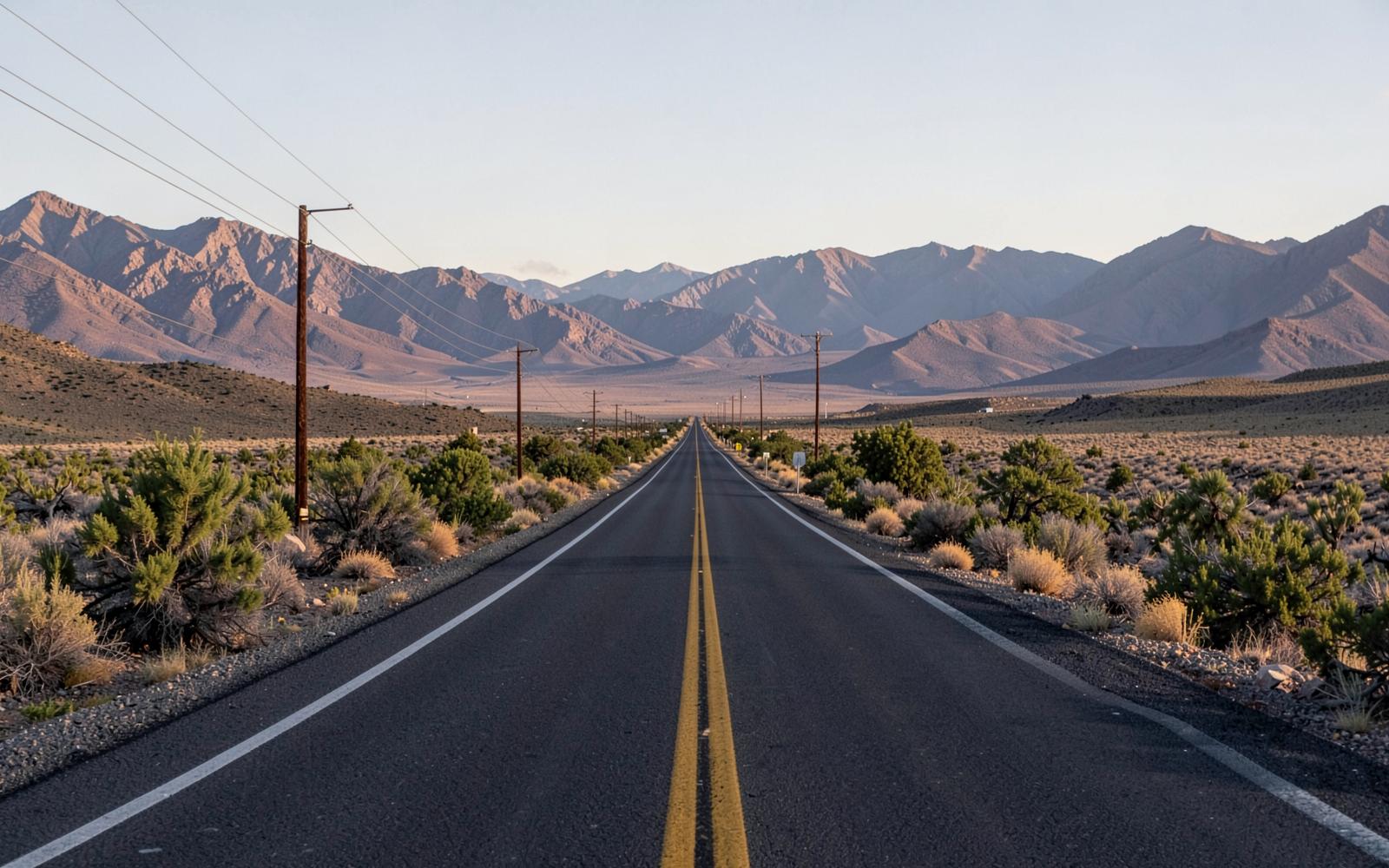 Two-lane desert highway running straight toward dry mountains across an open valley of creosote scrub