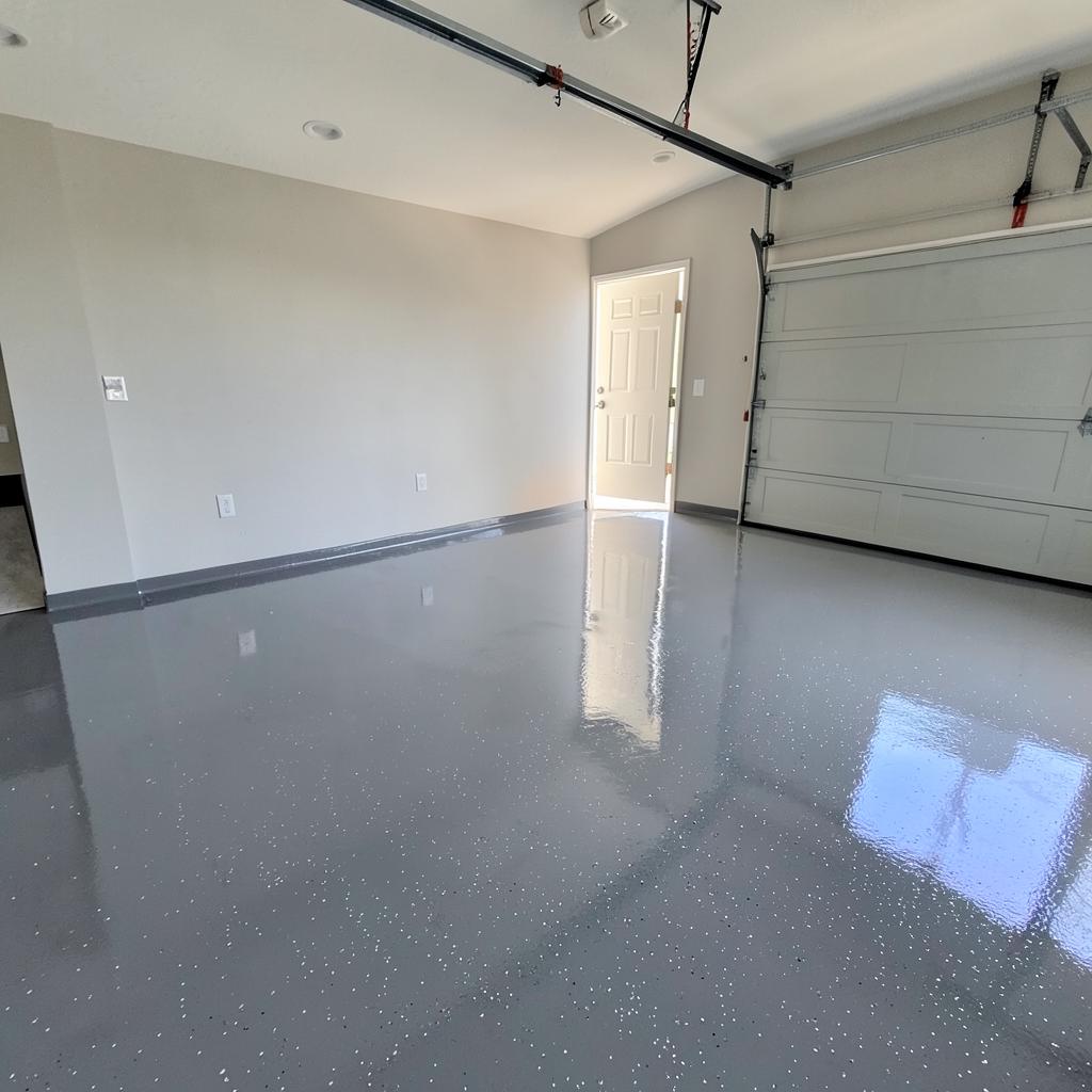 Glossy grey flake epoxy coated garage floor in an empty new home garage with open door and daylight