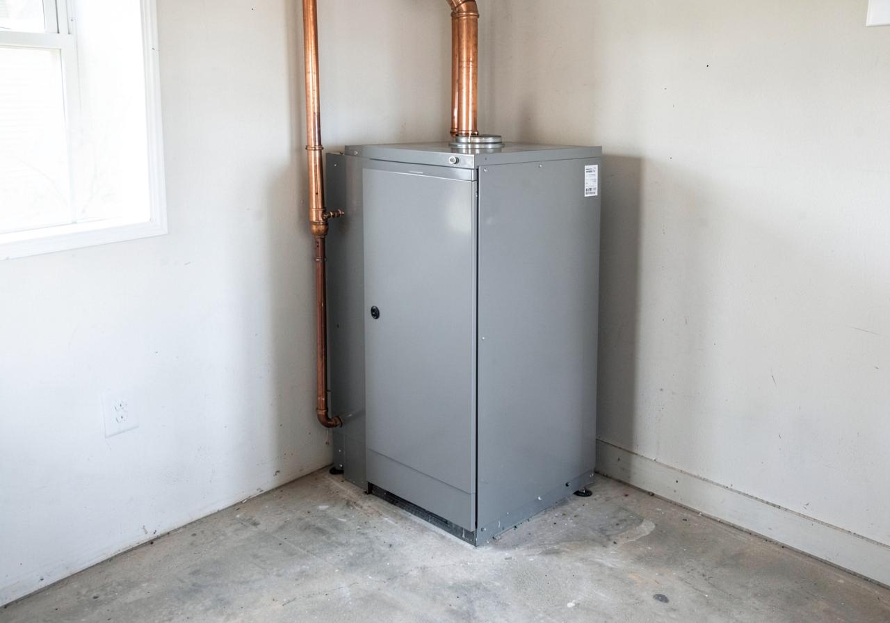 Gray residential furnace cabinet with copper piping in the corner of a clean garage with a bare concrete floor