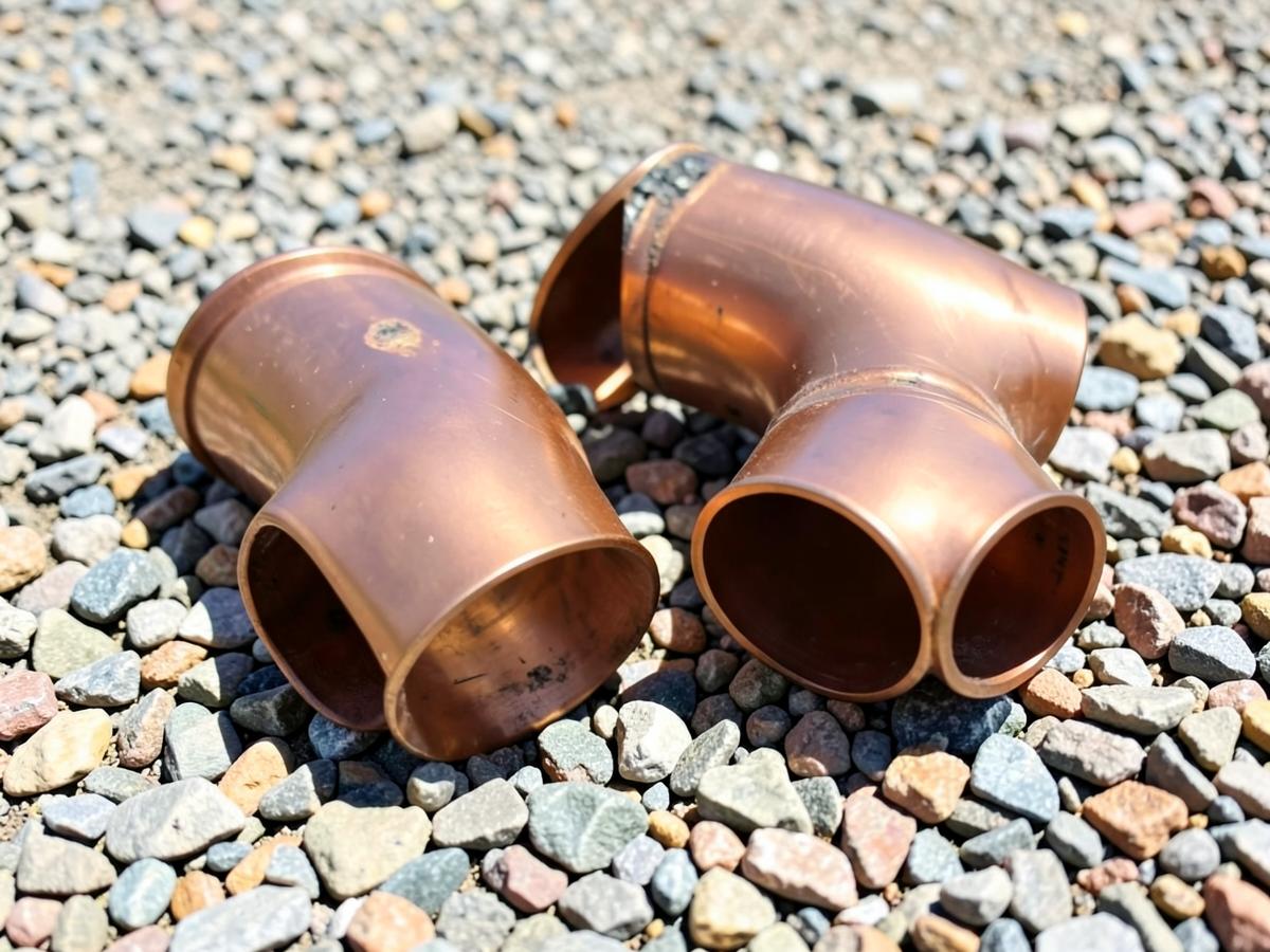 Close view of new copper pipe elbows and fittings resting on desert gravel in strong sunlight