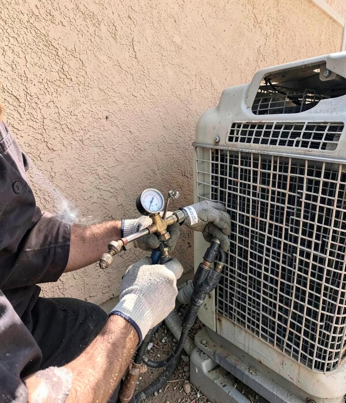 Technician's gloved hands connecting a gauge manifold to an outdoor air conditioning unit beside a stucco wall