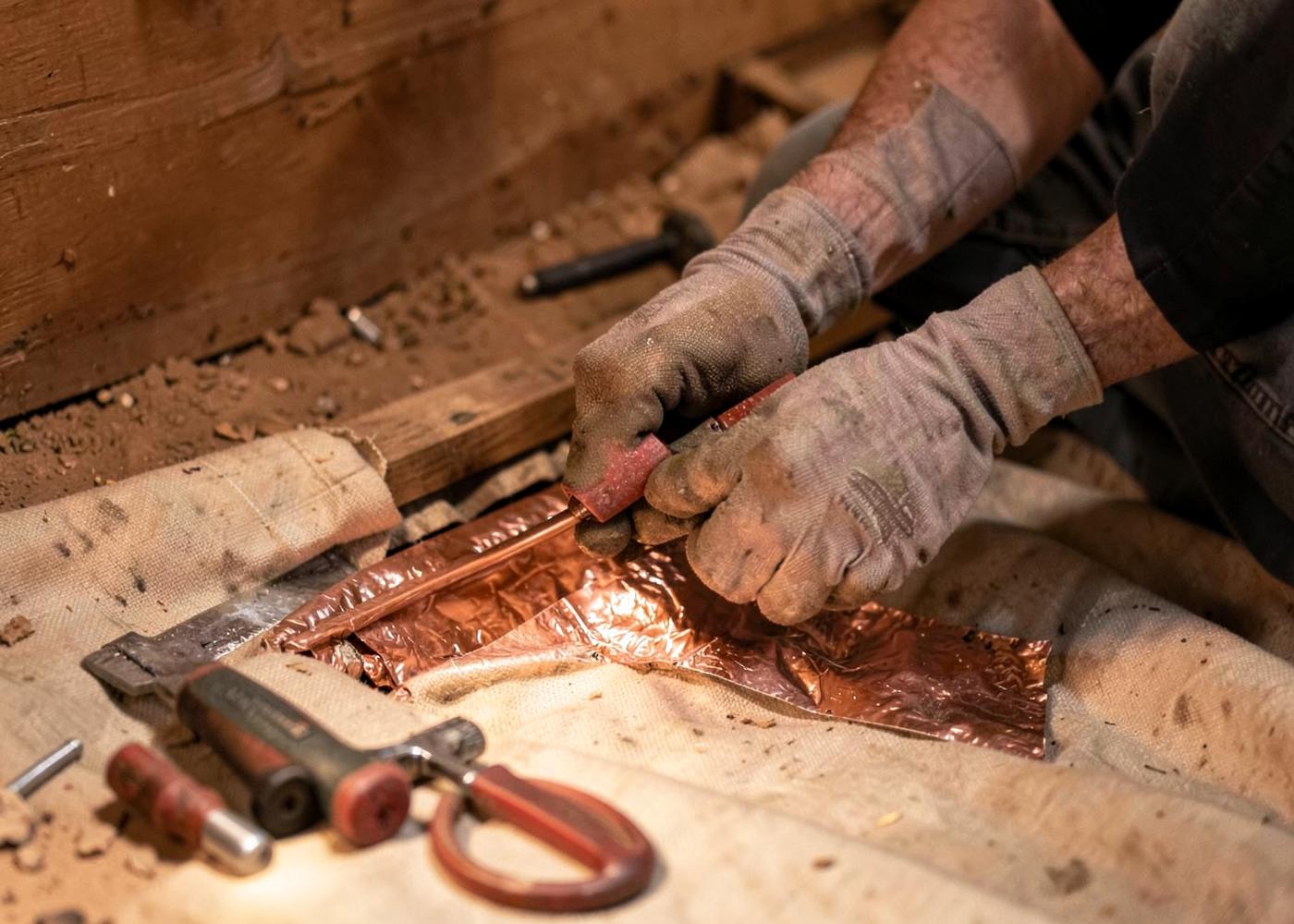 Gloved hands fitting copper pipe over a canvas tarp in a crawlspace lit by a warm work lamp