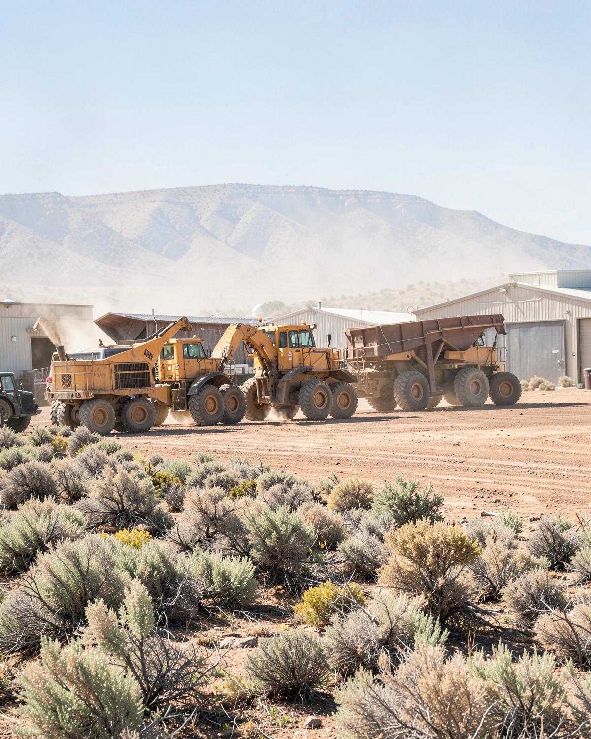 Heavy earthmoving haul trucks on a dusty gravel yard beside plain metal shop buildings below a dry high-desert ridge