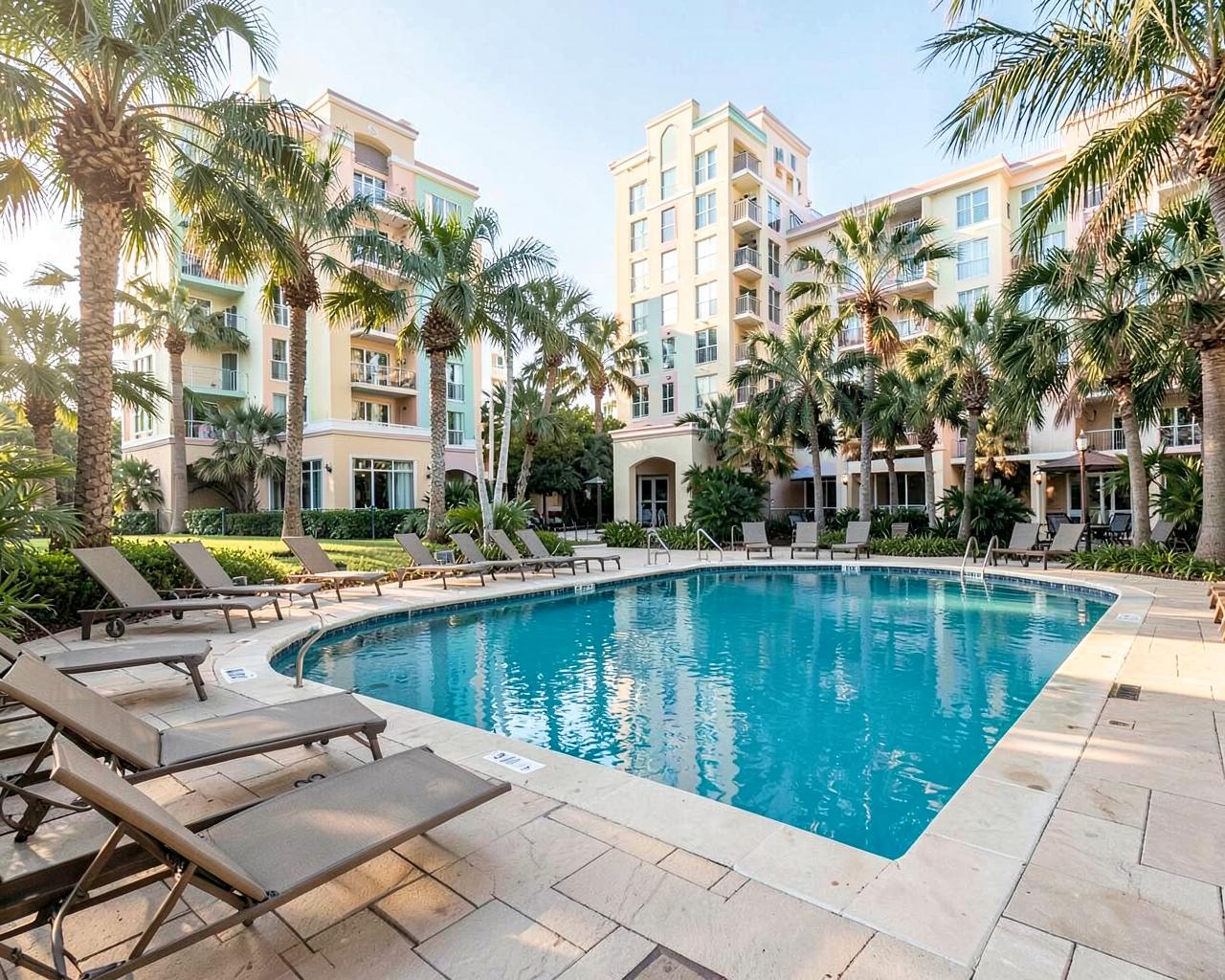 Resort swimming pool deck with lounge chairs and palms in front of a pastel condominium building in morning light