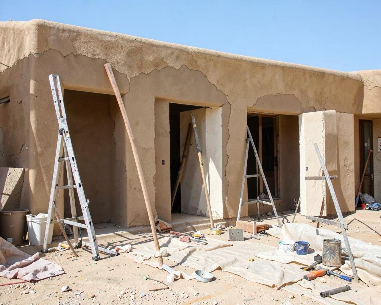 Ladders and tools against an older stucco desert home mid-renovation with patched exterior walls