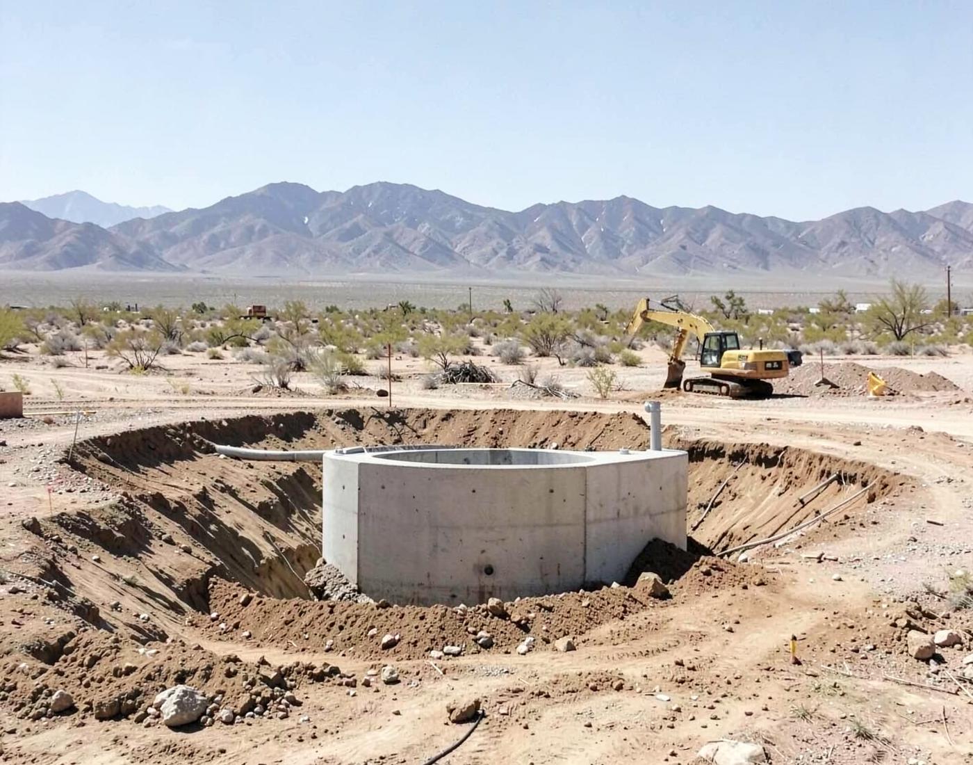 Open excavation on a large gravel lot with a new septic tank being set into place beside stacked pipe