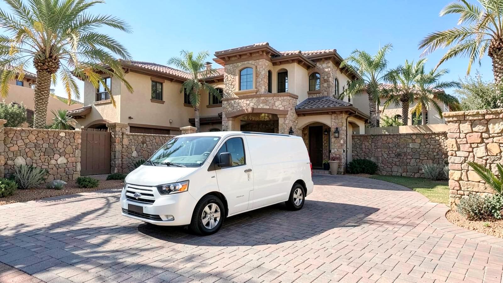 Plain white service van parked on the paver driveway of a large stone and stucco desert home with palms