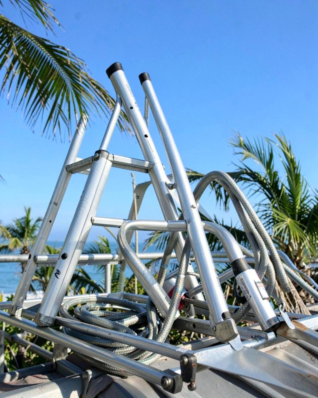 Aluminum extension ladders and coiled hose strapped to a contractor roof rack against a clear coastal sky
