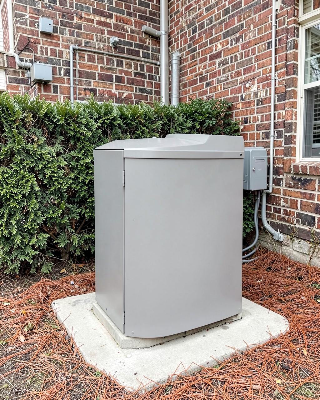 Standby generator enclosure on a concrete pad beside a brick home with conduit, hedges and pine straw