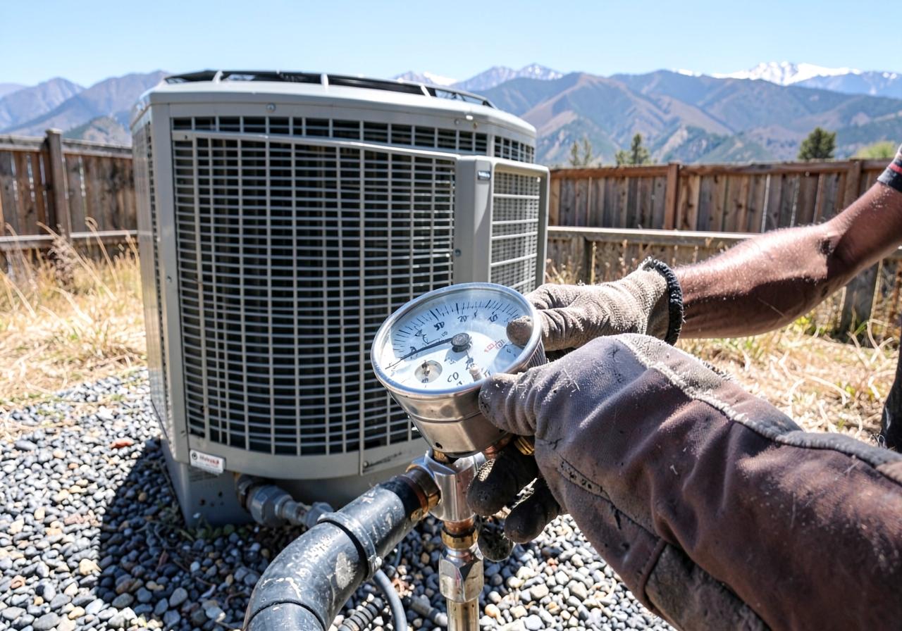 Gloved technician hands holding a pressure gauge beside an outdoor heat pump on a gravel pad with mountains behind