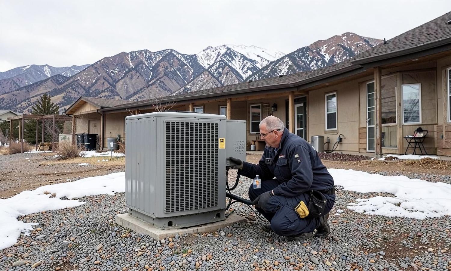Technician in coveralls kneeling beside an outdoor heat pump unit on a gravel pad by a modest home with snow patches and mountains behind