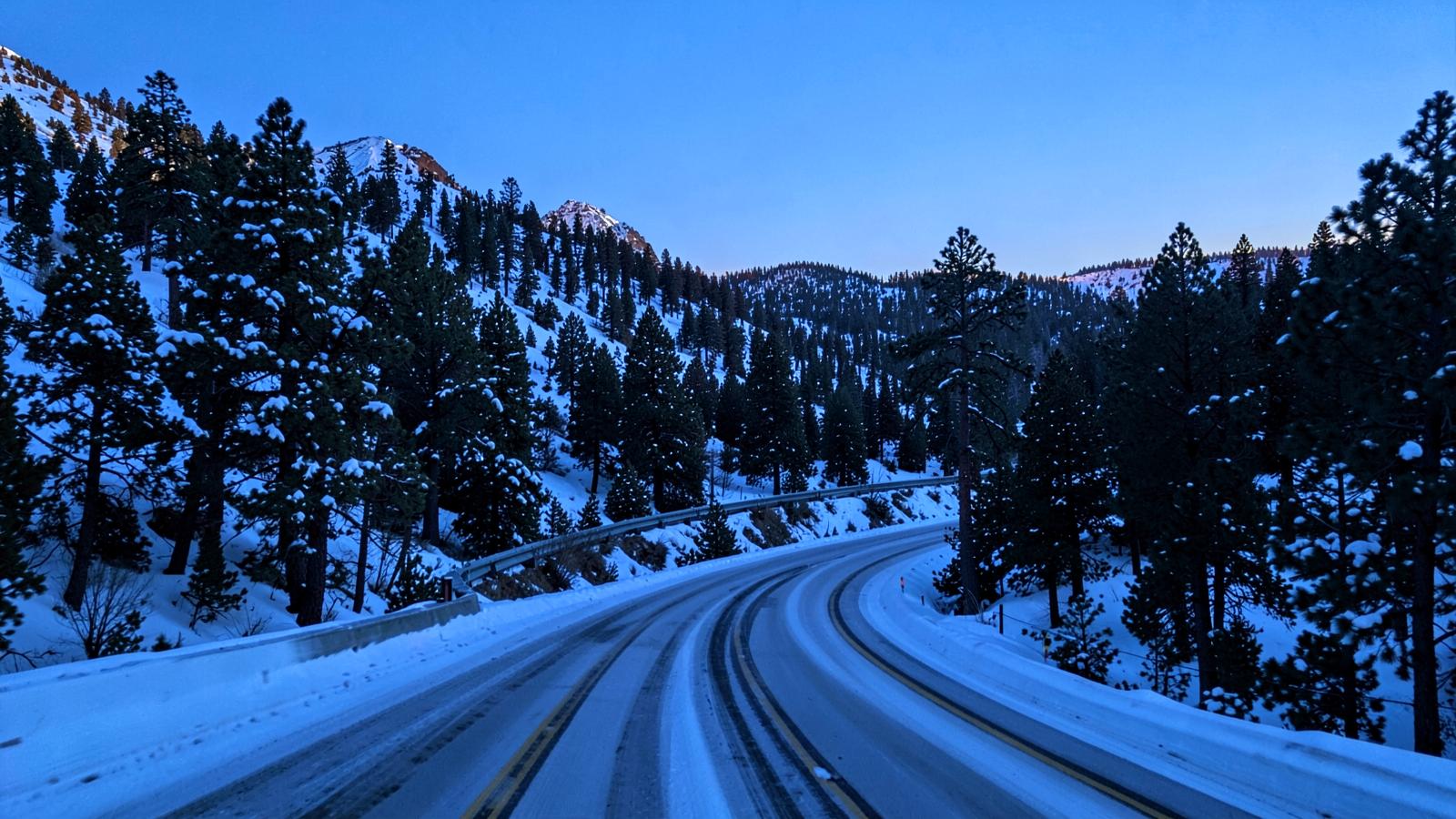 Snow-packed mountain highway curving through tall pine forest at blue hour with plowed shoulders