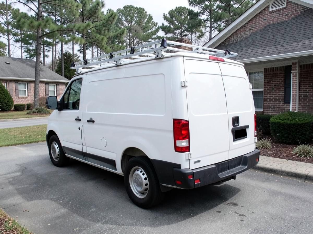 Plain white contractor work van parked at the curb of a suburban residential street