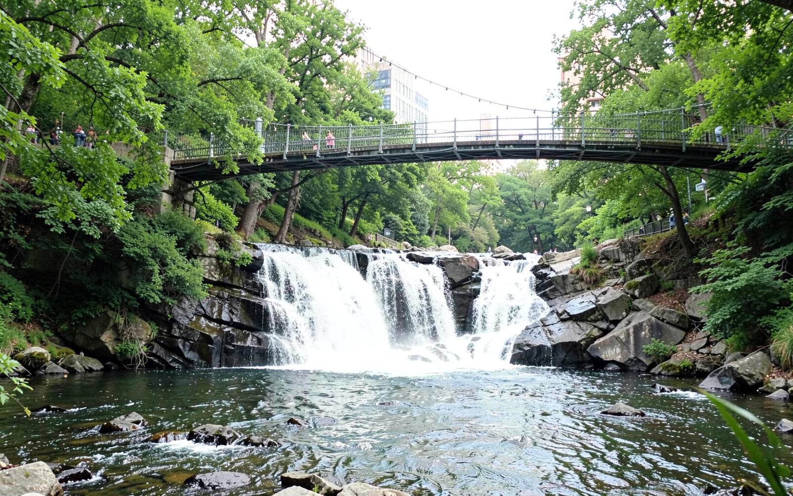Waterfall on a rocky river below a curving pedestrian bridge surrounded by green trees in a southern downtown park