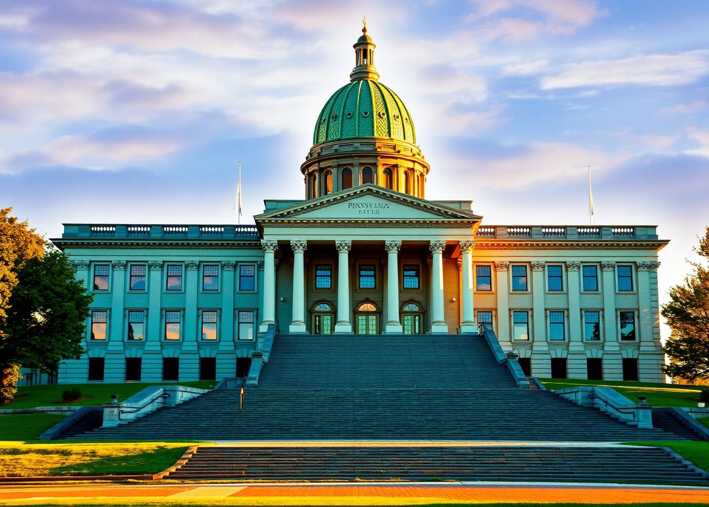 Pennsylvania State Capitol in Harrisburg with its green tiled dome above the grand entrance steps