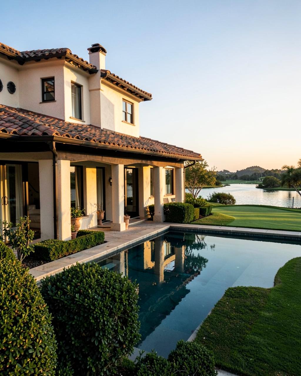 Large upscale coastal home with deep porches and mature landscaping beside a manicured lawn