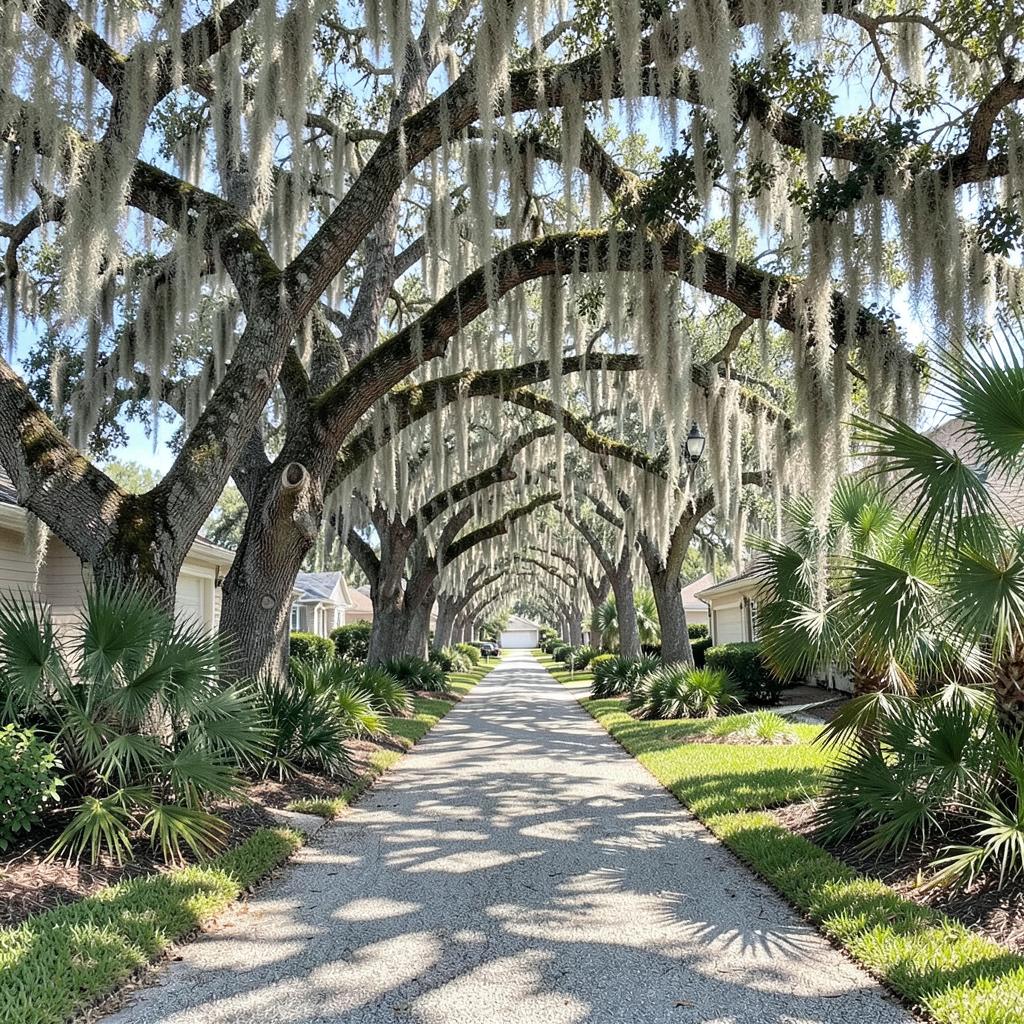 Quiet residential lane beneath arching moss-draped live oaks with palmetto planting