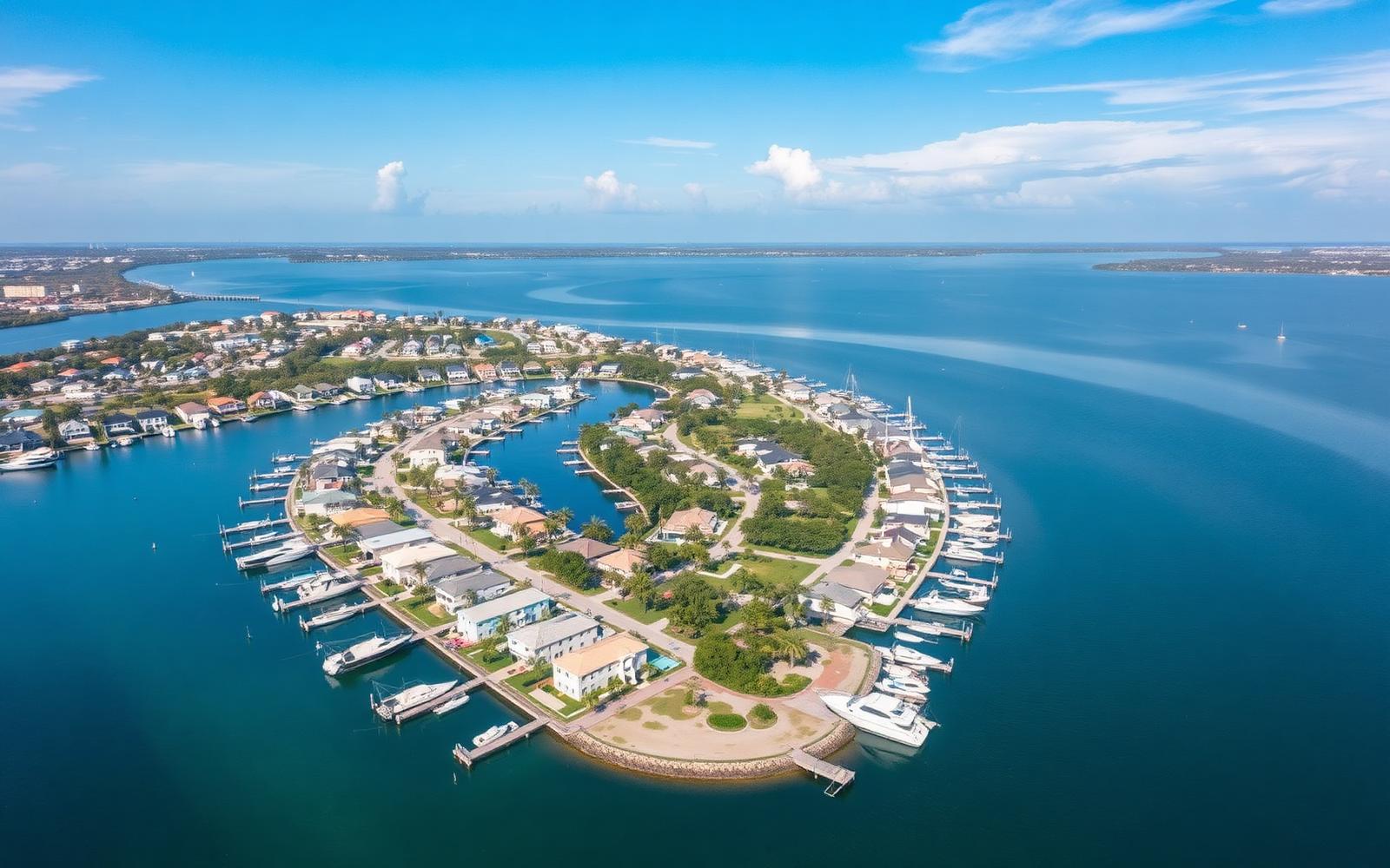 Aerial view of a St. Petersburg waterfront neighborhood of canals, docks and mid-century homes on Tampa Bay