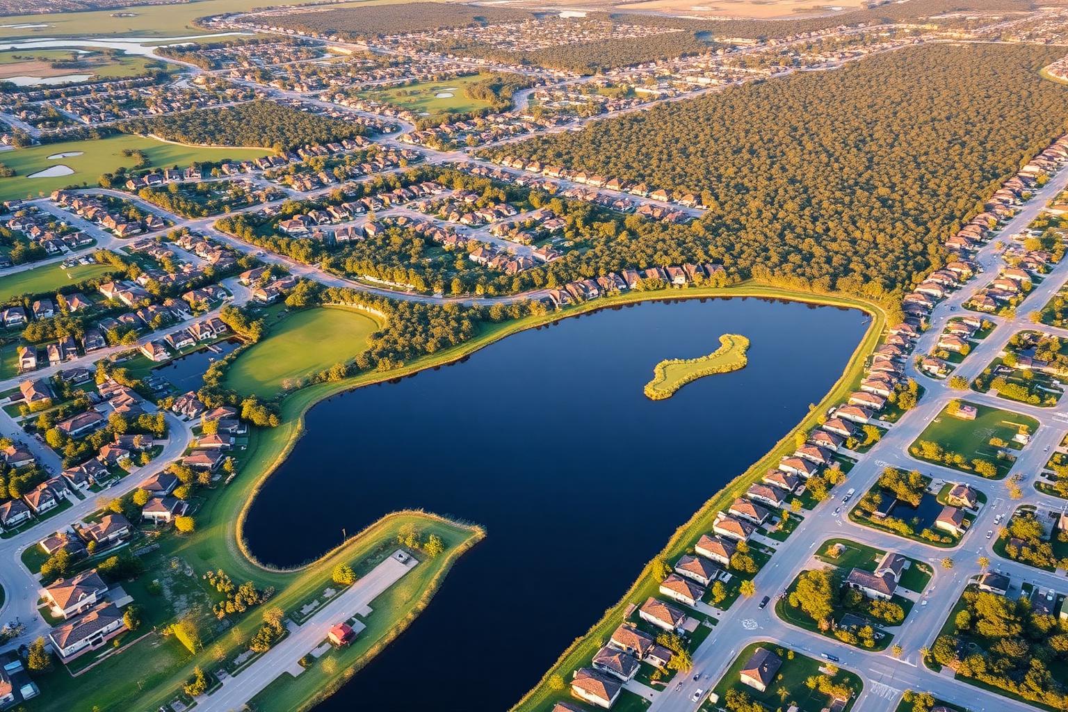 Aerial view of sprawling Central Florida residential development beside a lake near Orlando