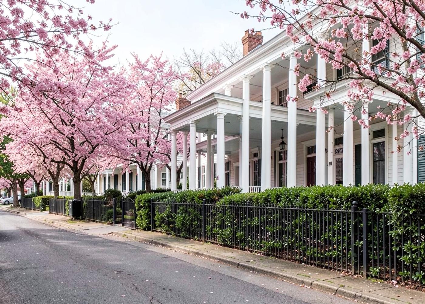 Quiet street of white antebellum houses with tall columns and iron fences beneath blooming pink cherry trees