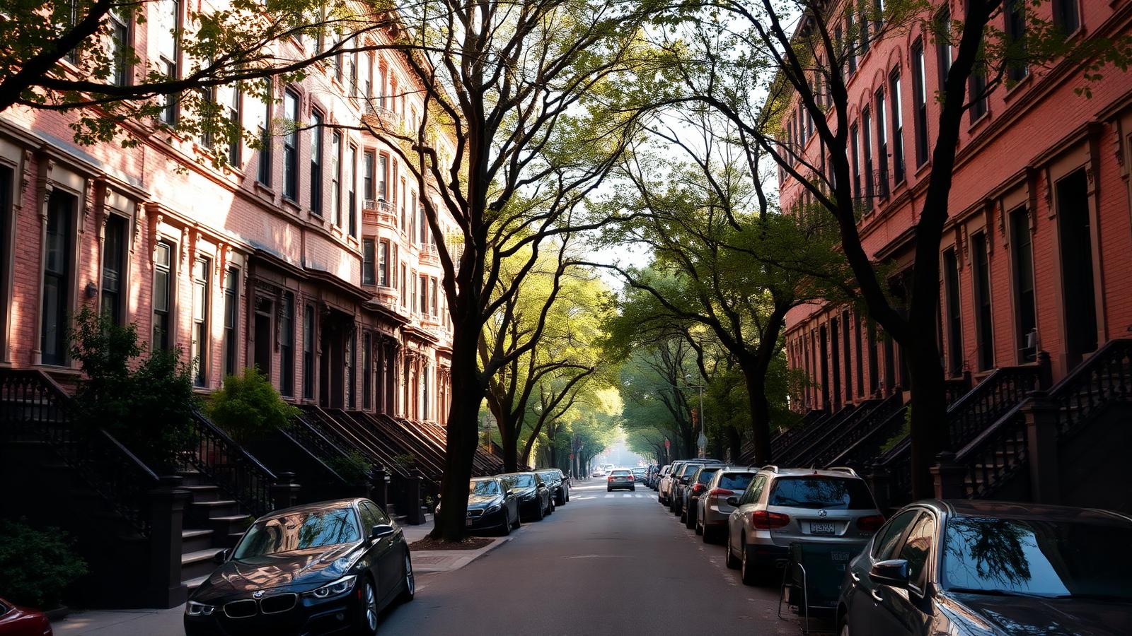 Row of Brooklyn brownstones with stoops, iron railings and small front yards