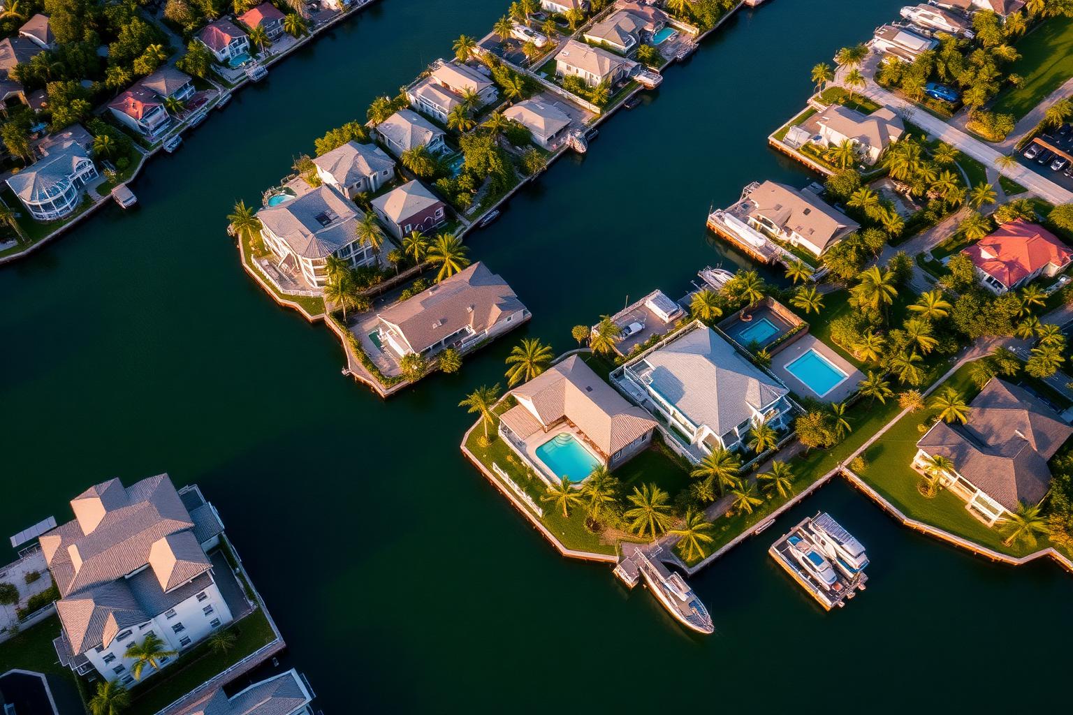 Aerial view of Miami waterfront canals lined with single-family homes and pools