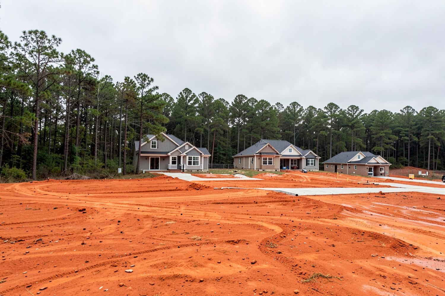 Newly built houses on cleared red clay lots at the edge of a pine forest with fresh concrete driveways and bare graded yards