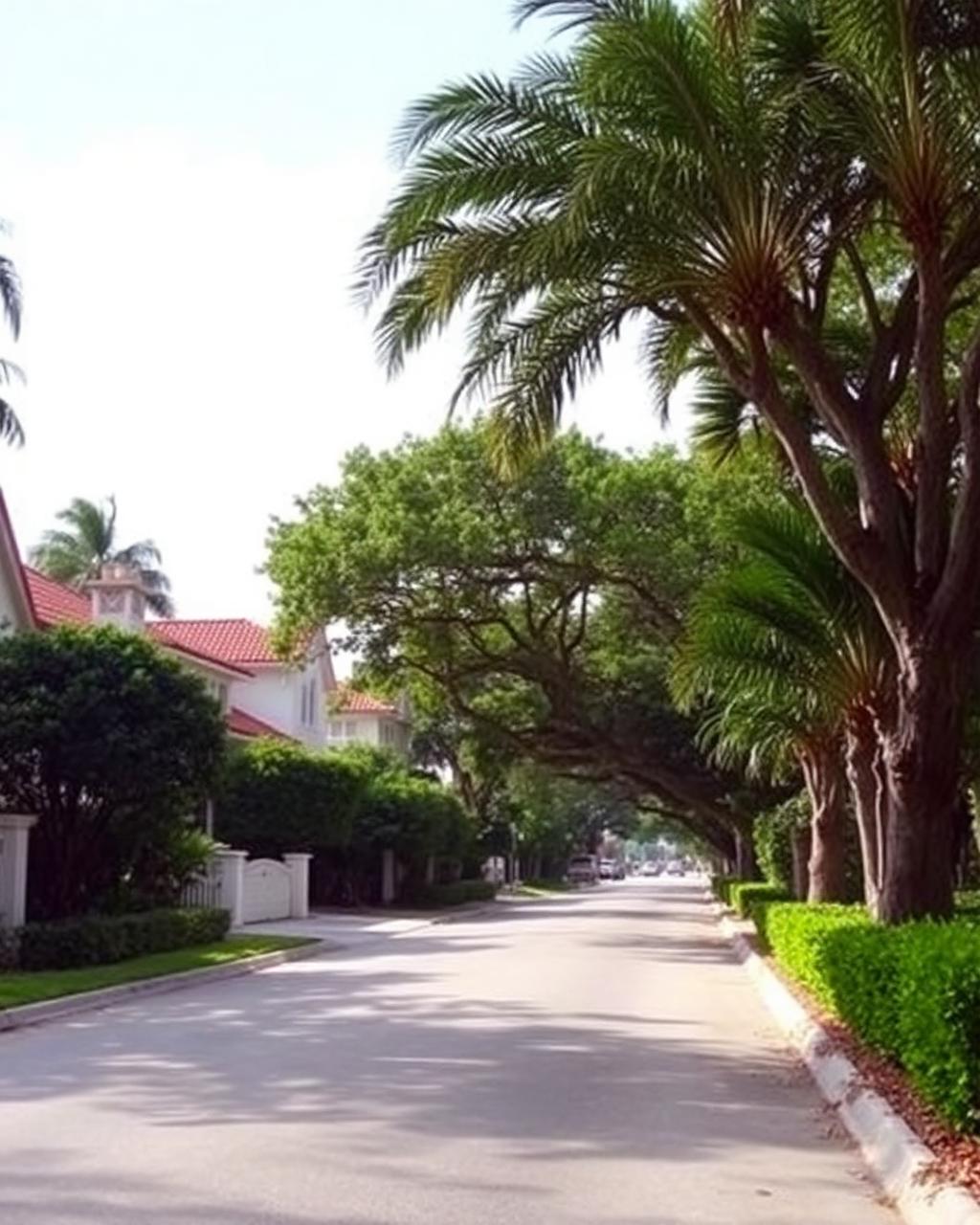 Quiet Coral Gables street in Miami shaded by banyan trees with tile-roofed homes