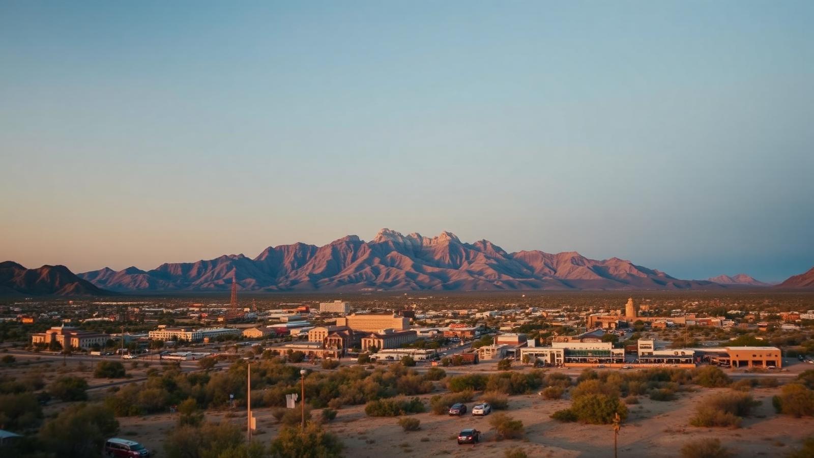 Franklin Mountains rising above the city of El Paso, Texas at dusk